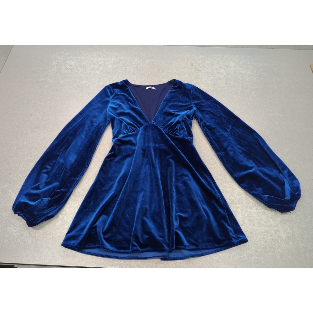 Tularosa Ryland Velvet Mini Dress Blue V-Neck Whimsigoth Balloon Sleeve XS